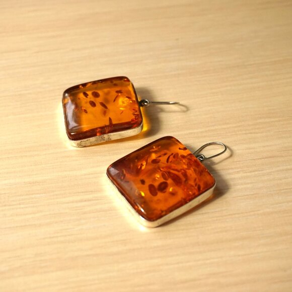 Huge Square Amber Dangle Earrings - Amber And 925 Silver - Rare Gift For Her - Picture 10 of 11
